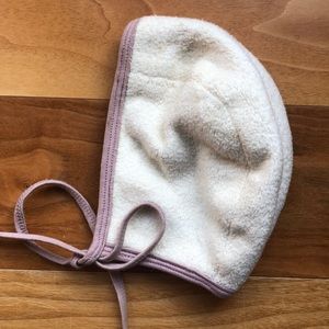 Briar Baby Bonnet Ivory Sherpa with lavender ties